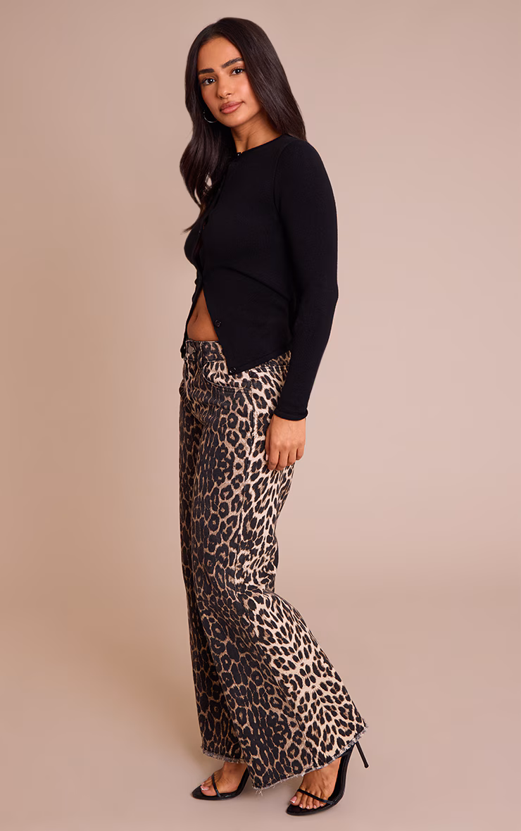 Petite Brown Leopard Print Denim Wide Leg Jeans