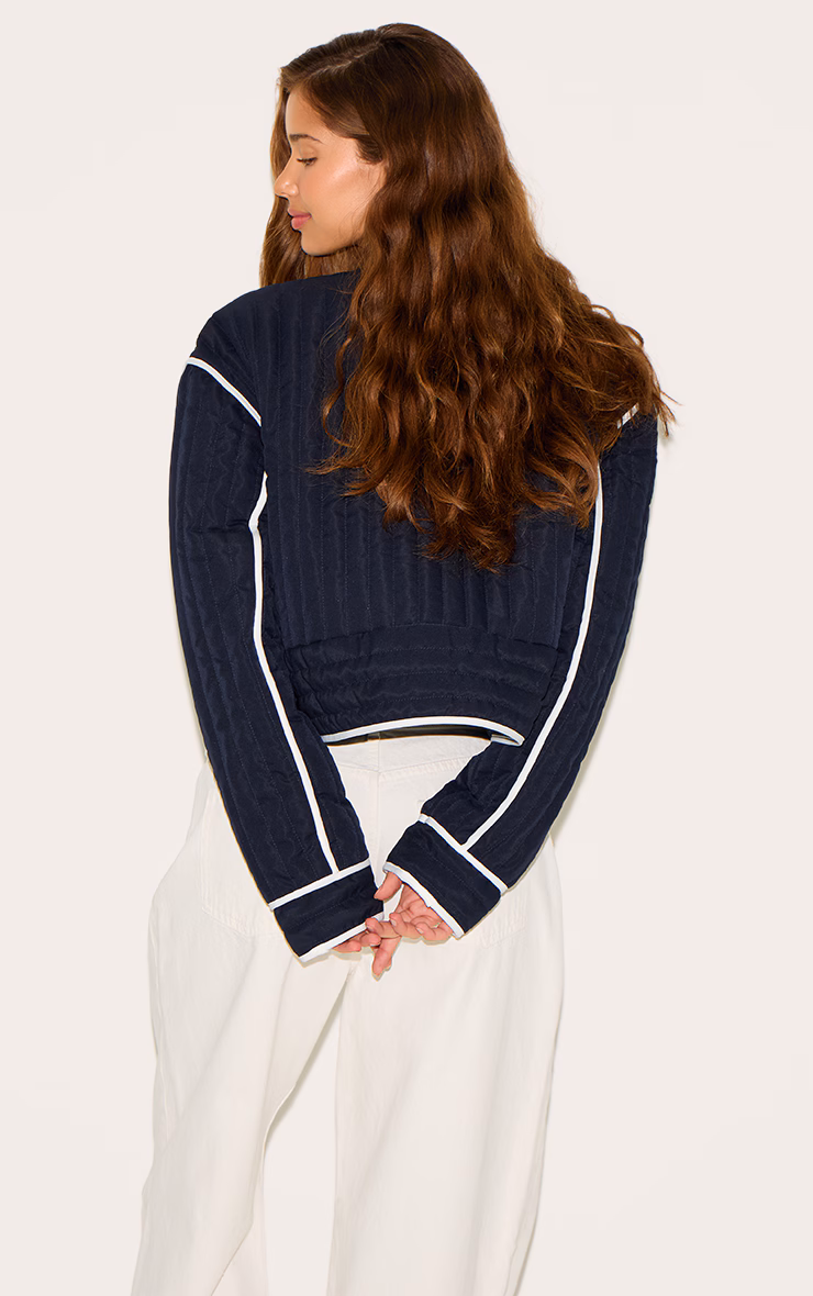 Navy Button Up Round Neck Quilted Jacket