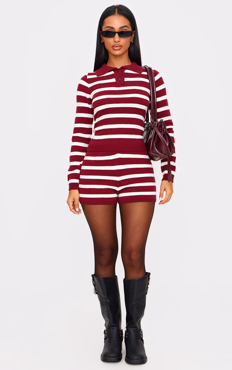 Petite Burgundy Knitted Stripe Hot Pants