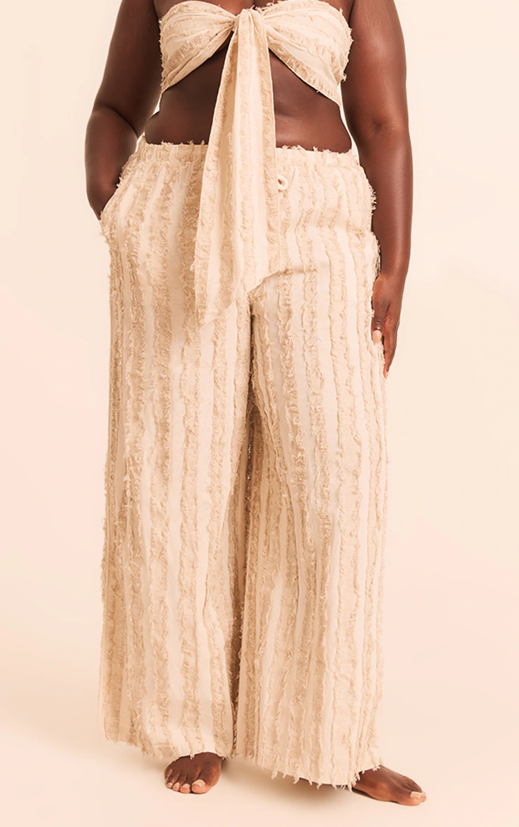 Plus Stone Frayed Linen Look Wide Leg Beach Pants