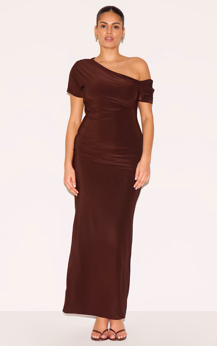 Plus Dark Chocolate Double Layer Slinky Asymmetric Ruched Sleeve Maxi Dress