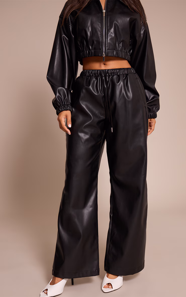 Petite Black Faux Leather Elasticated Wide Leg Pants
