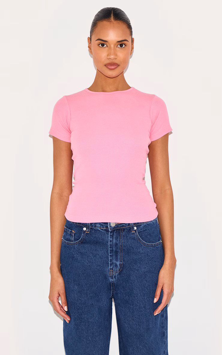 Pink Basic Rib Short Sleeve Top
