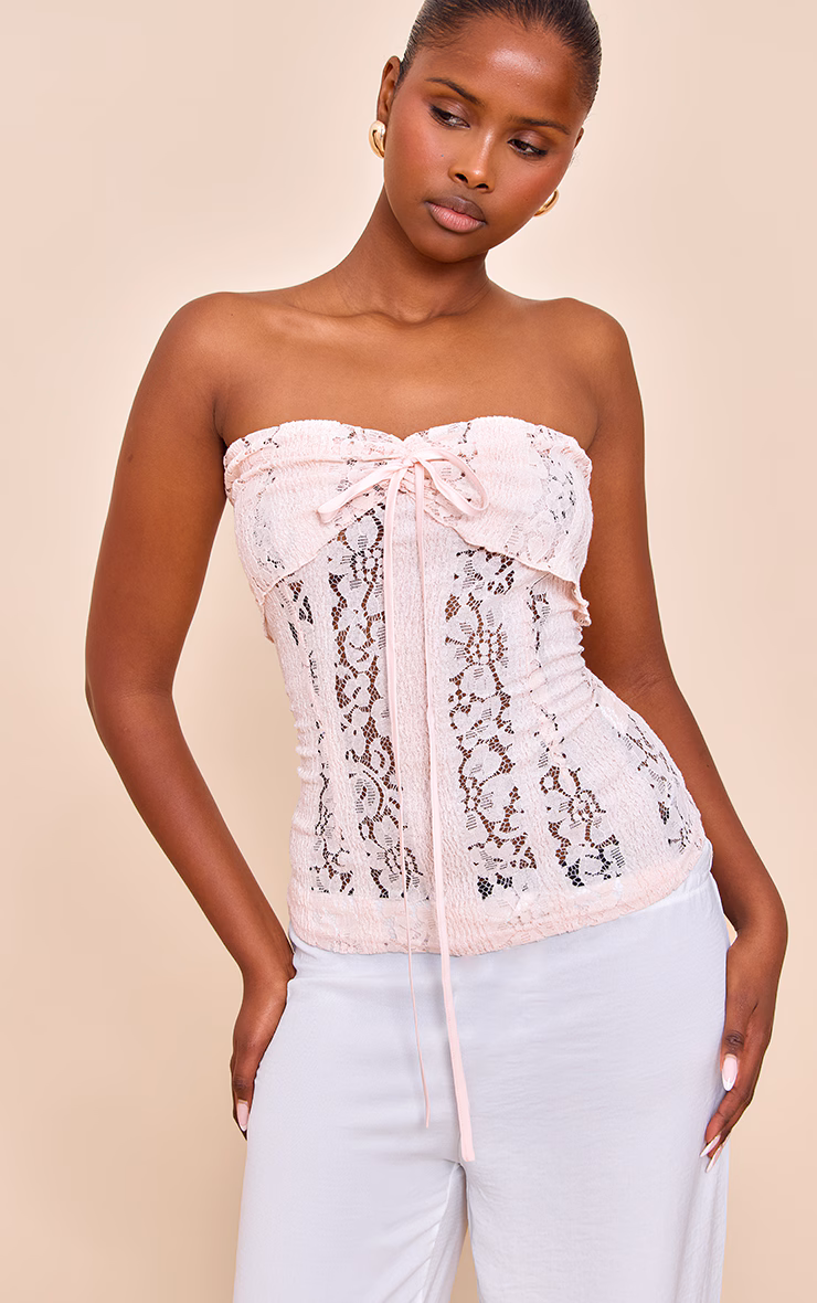Pale Pink Fitted Lace Bandeau Longline Top