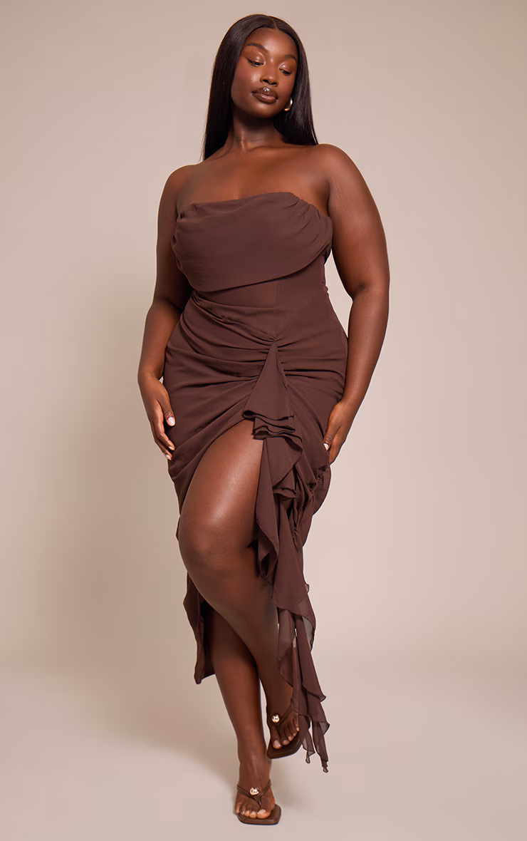 Plus Chocolate Chiffon Ruched Detail Bandeau Midi Dress