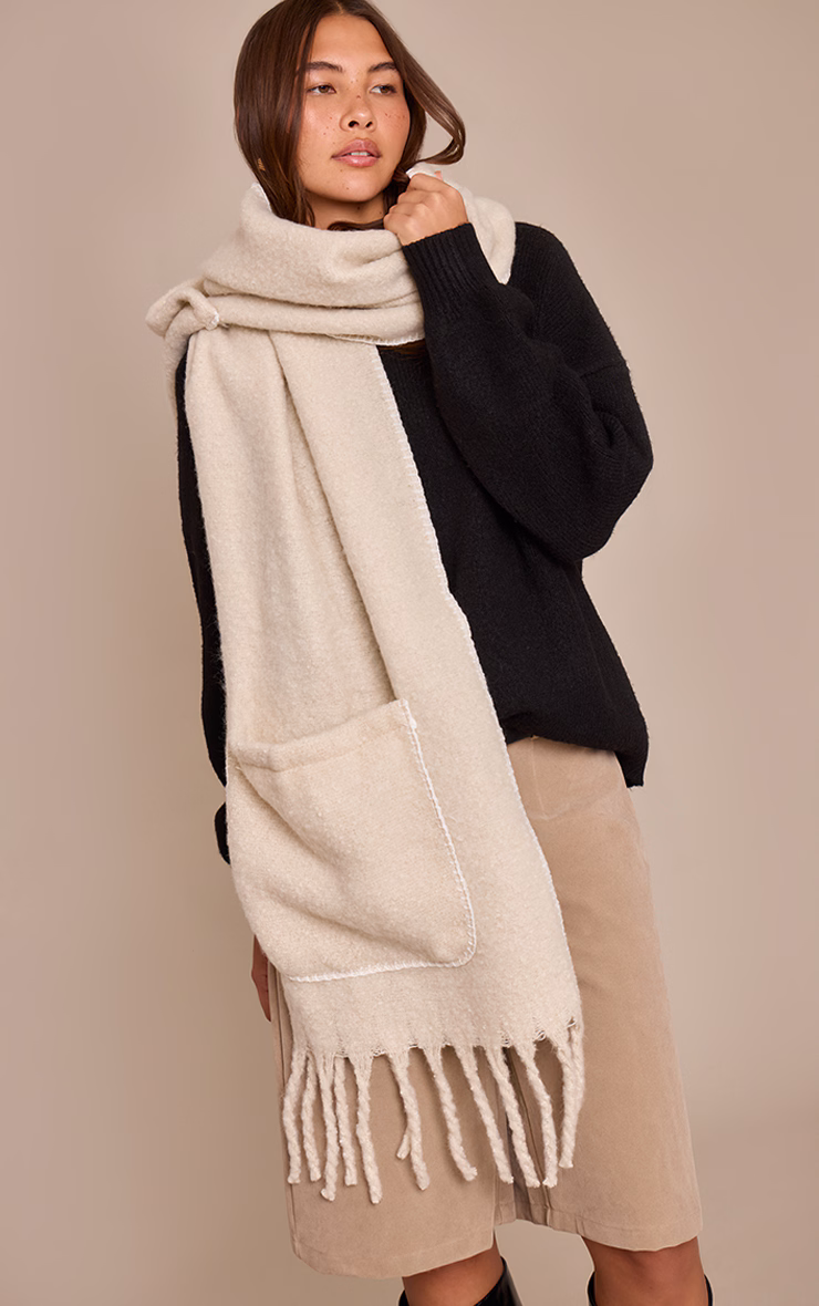 Oatmeal Pocket Stitch Detail Tassel Scarf