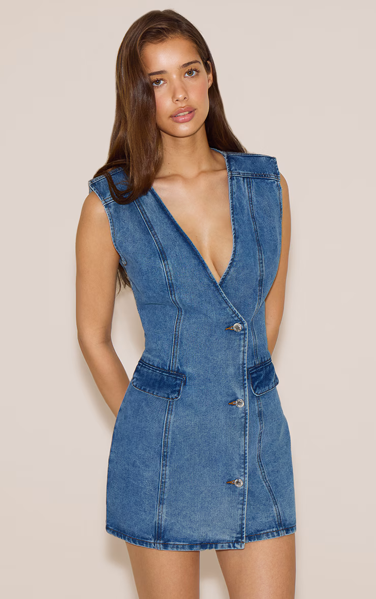 Mid Blue Wash Button Up Vest Style Denim Dress
