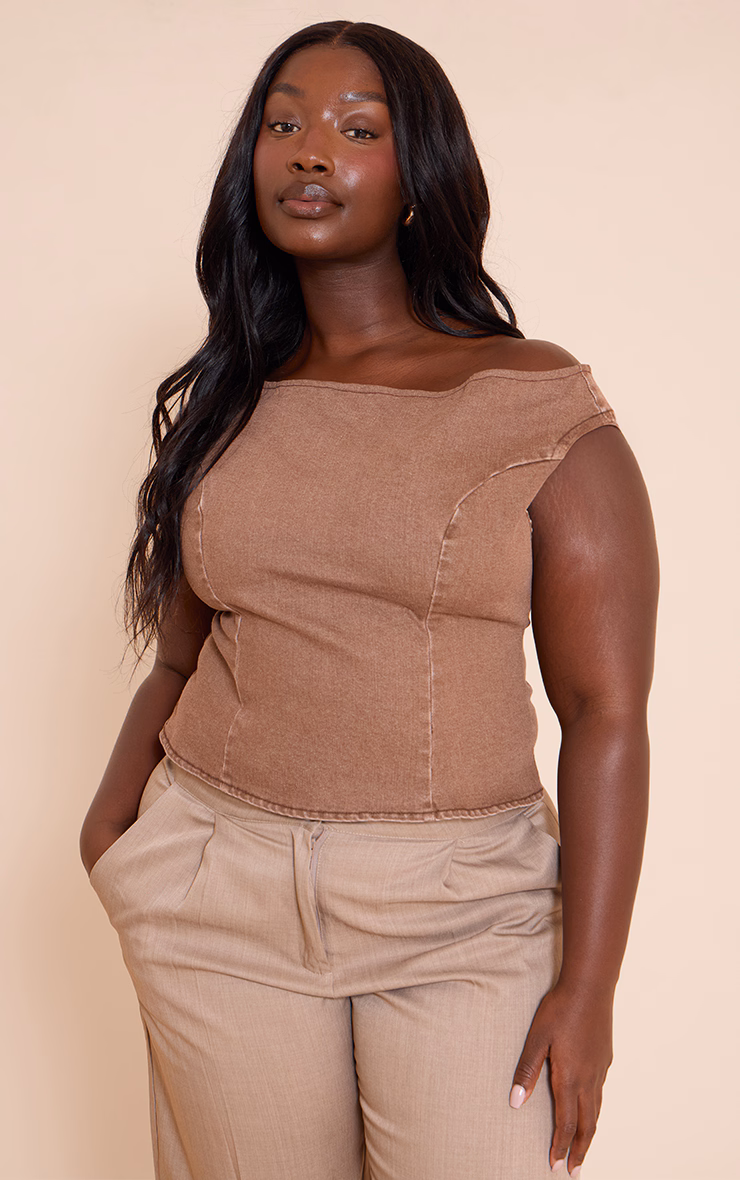 Plus Brown Off The Shoulder Stretch Denim Top
