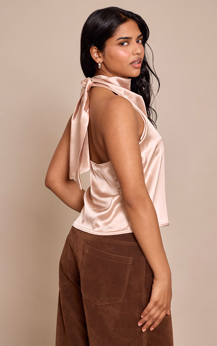 Petite Champagne Satin Halterneck Tie Top