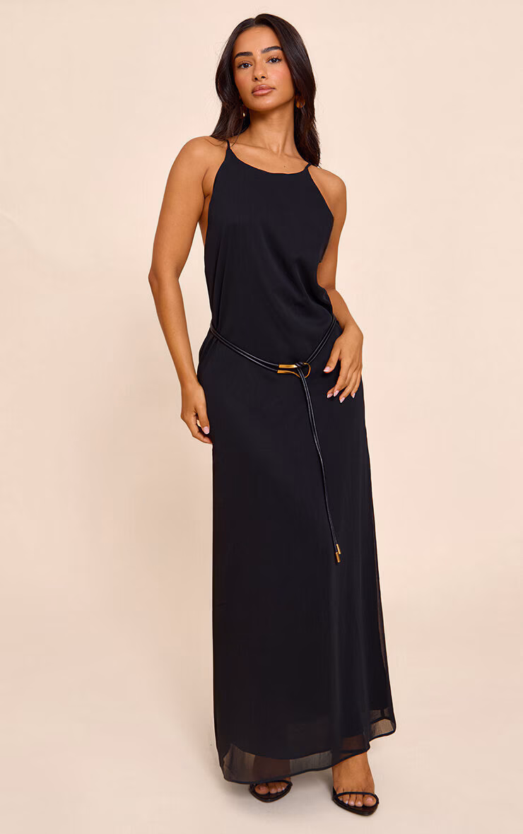 Petite Black Woven Cami Trim Detail Maxi Dress