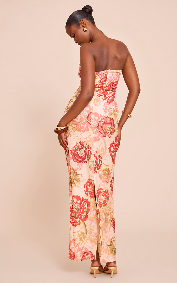 Multi Floral Print Chiffon Bandeau Maxi Dress