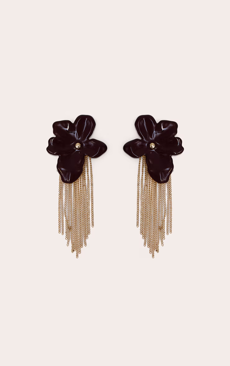 Burgundy Flower Gold Chain Drape Earrings