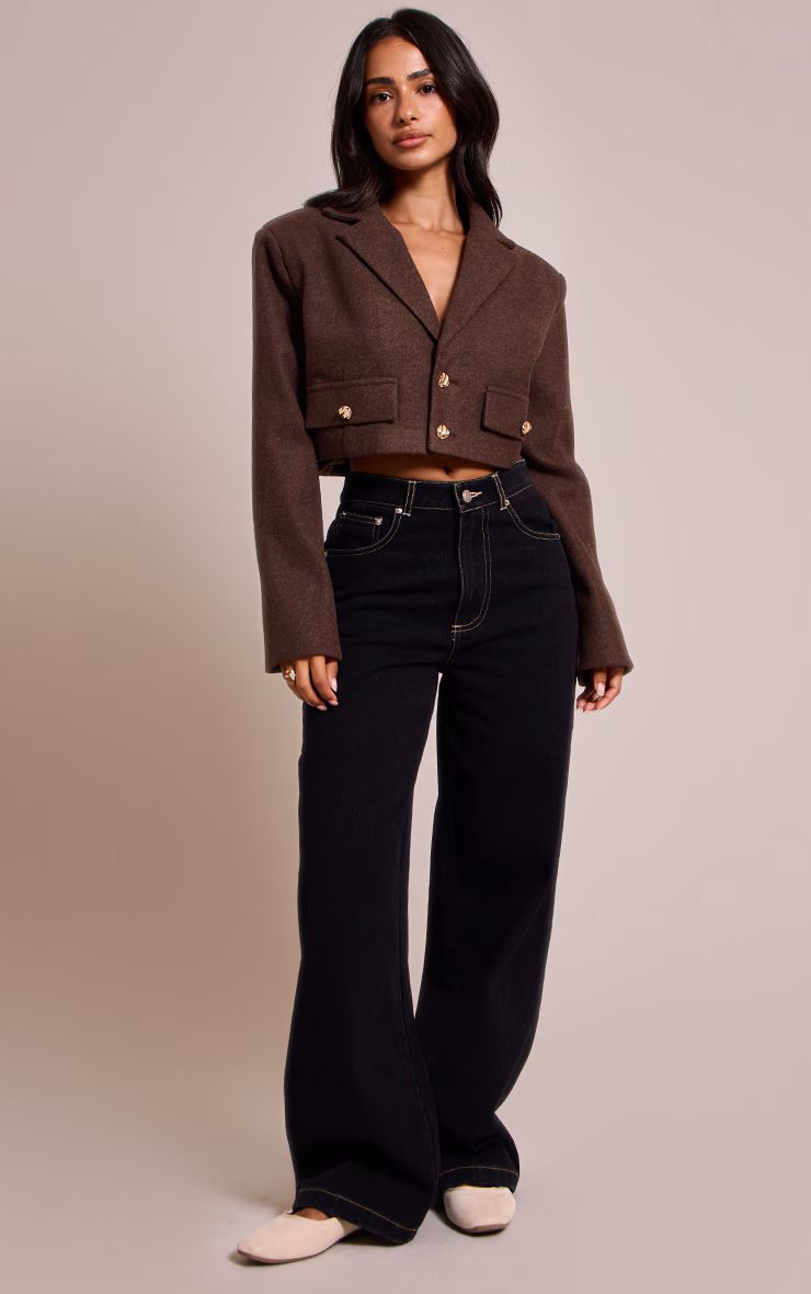 Petite Brown Pocket Detail Cropped Wool Look Blazer