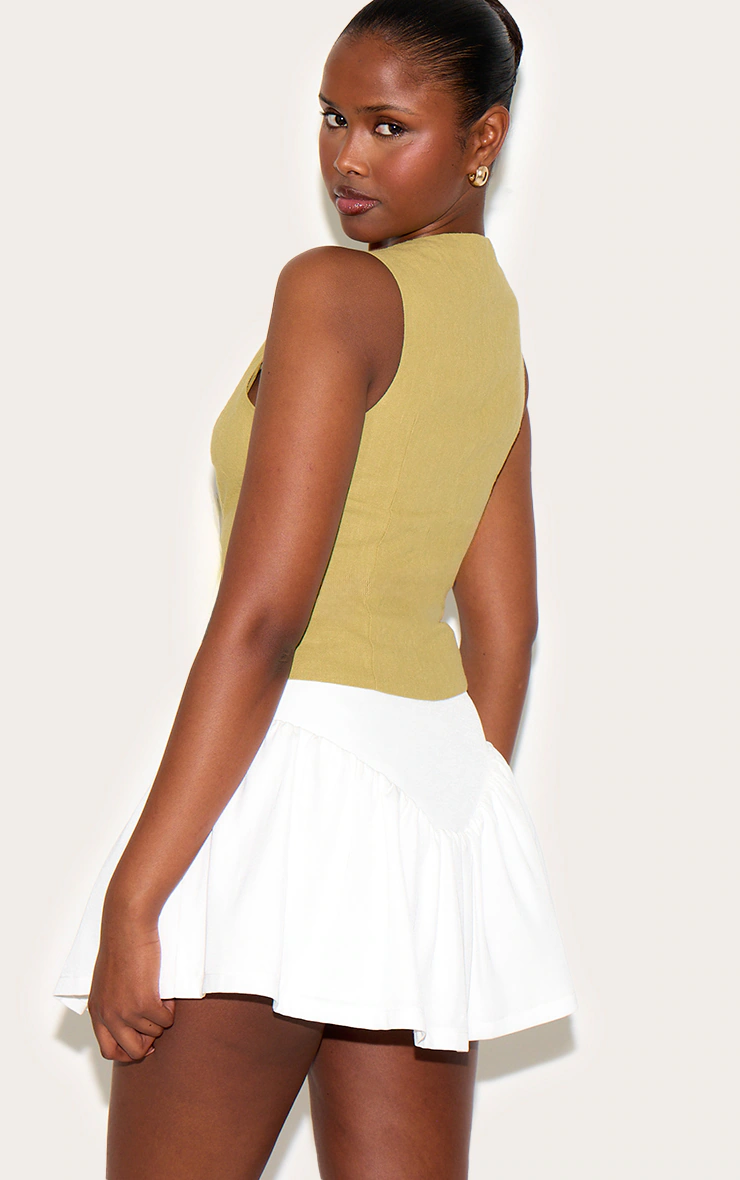 Olive Premium Linen Blend Asymmetric Button Up Vest