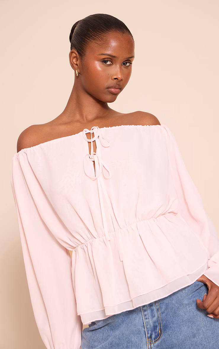 Pale Pink Chiffon Tie Detail Bardot Floaty Top