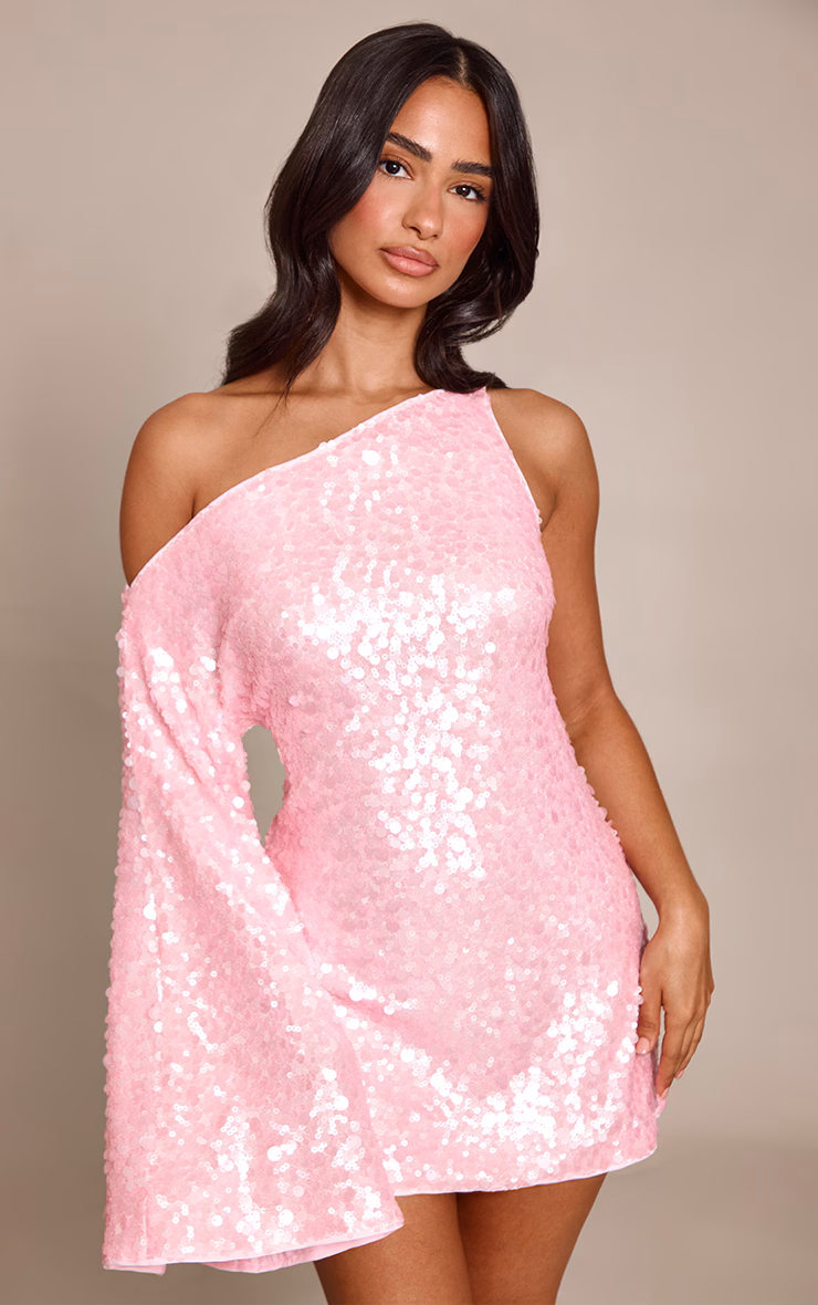 Petite Pink Sequin Asymmetric Mini Dress