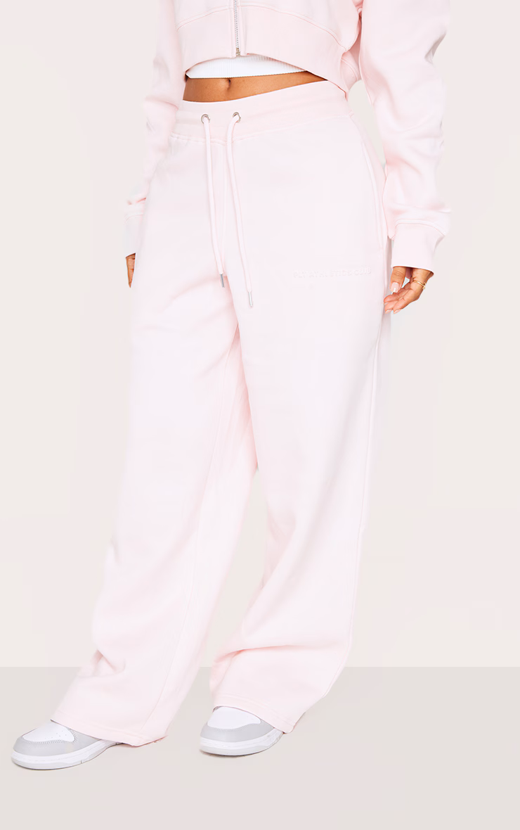 Petite Baby Pink Tie Waist Embossed Detail Wide Leg Sweatpants