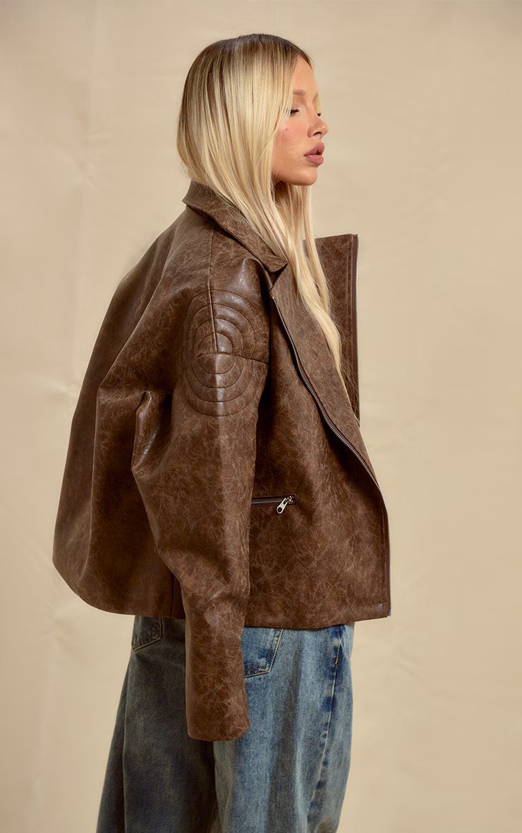 Brown Oversized Faux Leather Distressed Look Biker Jacket