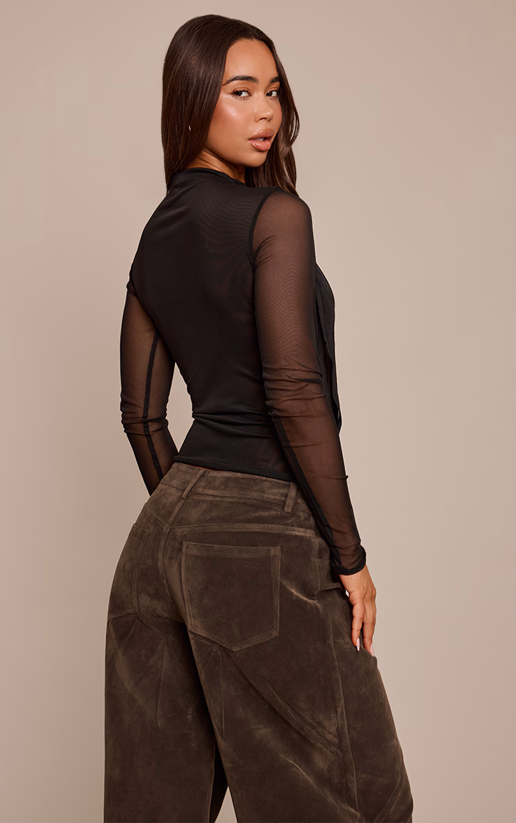 Black High Neck Mesh Drapey Long Sleeve Top