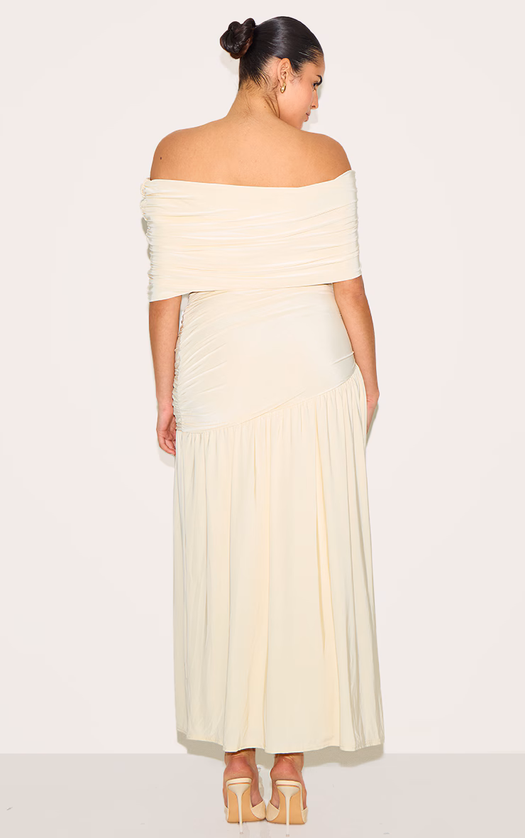 Plus Cream Double Layer Slinky Bardot Ruched Maxi Dress