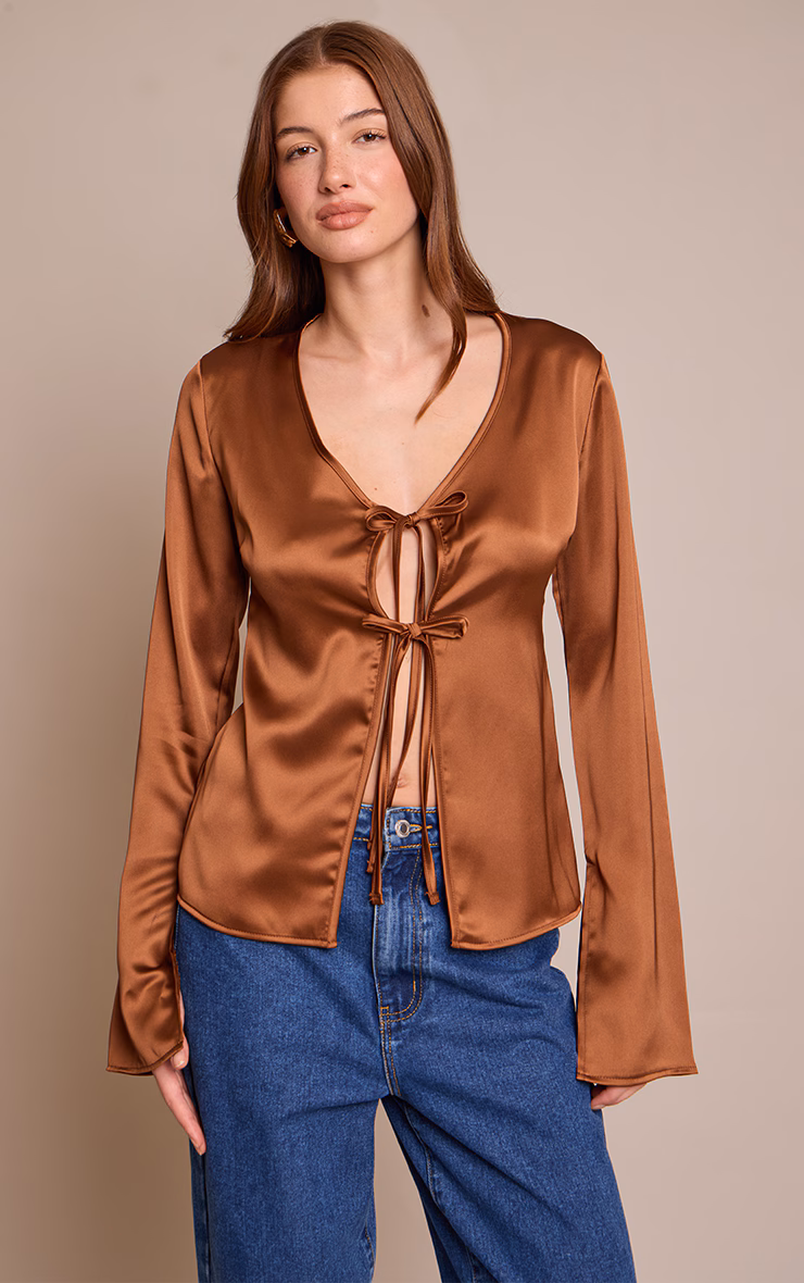 Brown Satin Tie Front Detail Long Sleeve Top