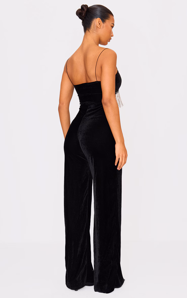 Black Velvet Diamante Tassel Cut Out Strappy Jumpsuit