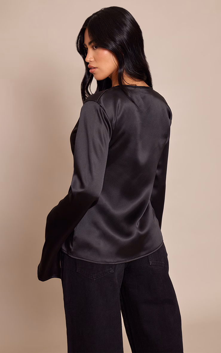 Black Satin Tie Front Detail Long Sleeve Top