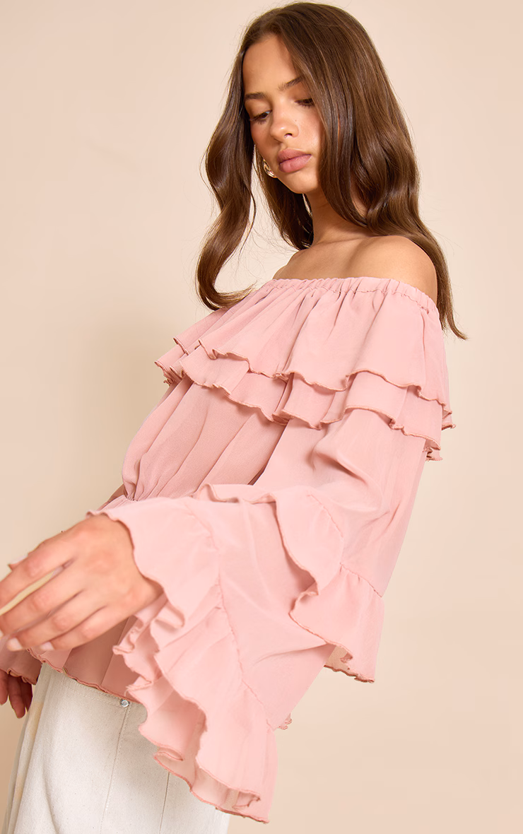 Pale Pink Chiffon Tiered Ruffle Bardot Top