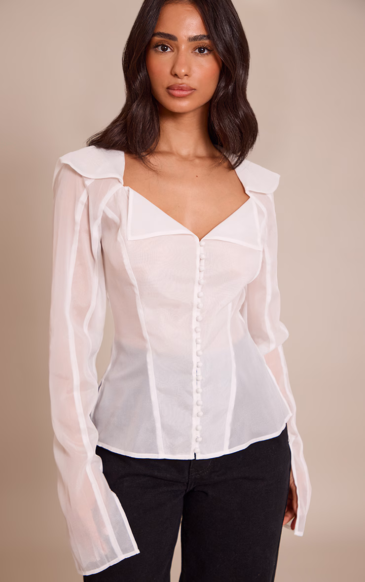 Petite White Button Detail Sheer Long Sleeve Top