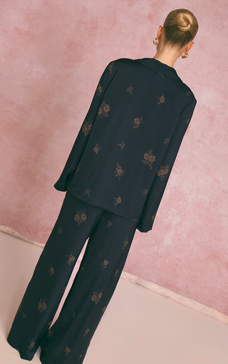 Navy Ditsy Floral Satin Suit Jacket