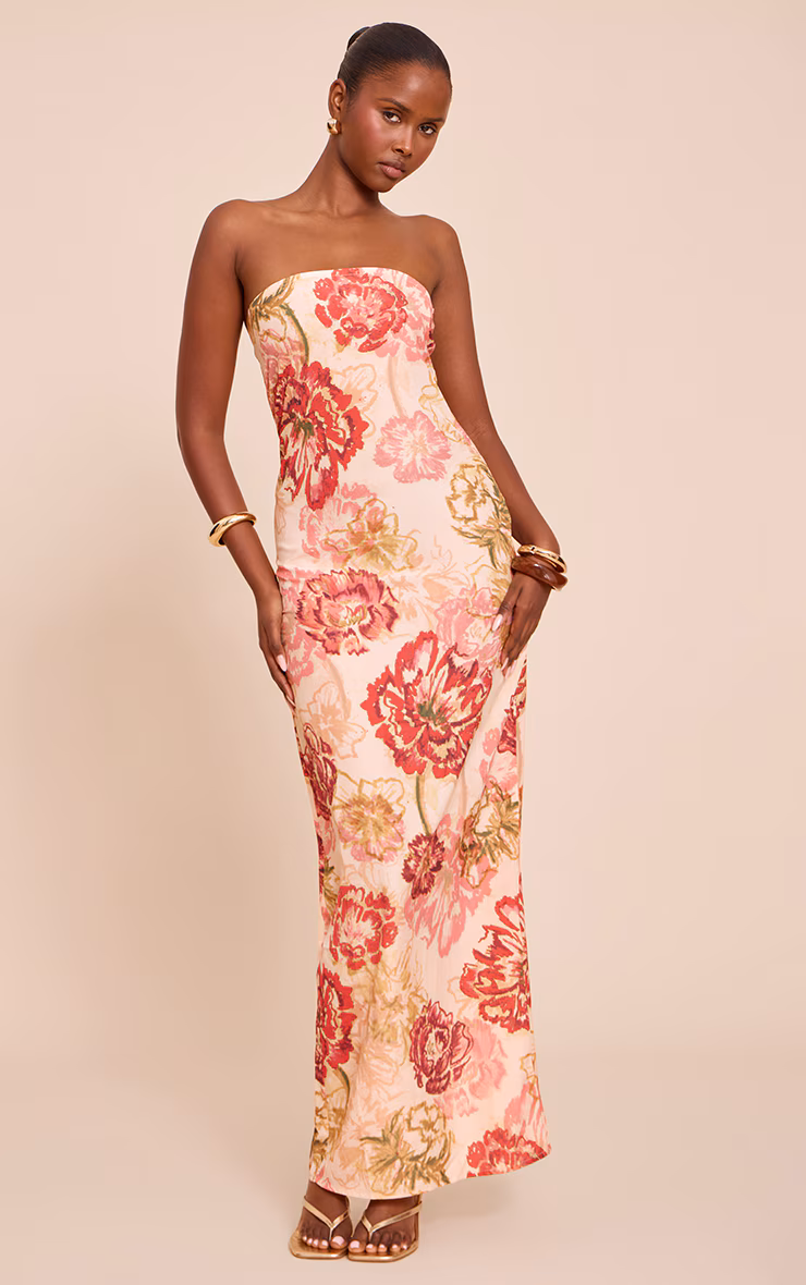 Multi Floral Print Chiffon Bandeau Maxi Dress