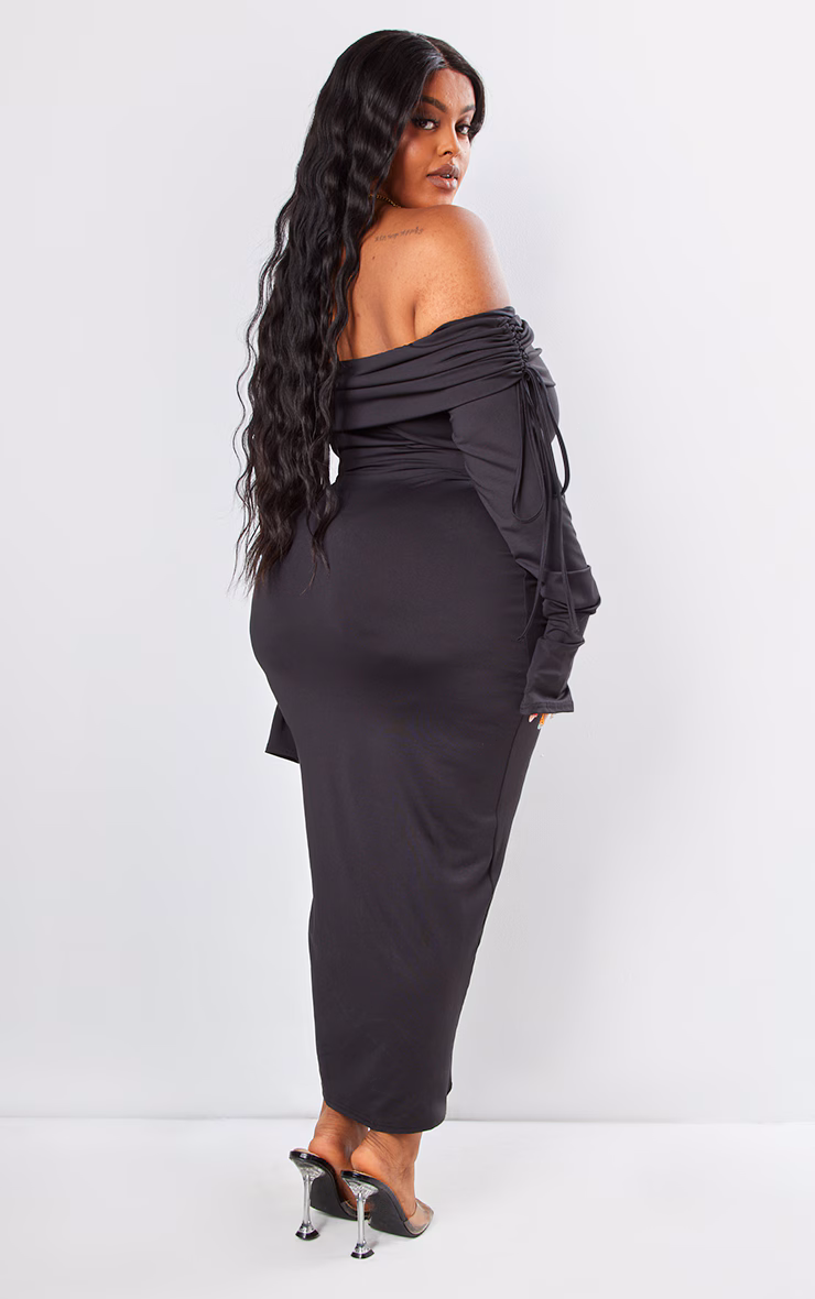 Plus Black Bardot Ruching Detail Midaxi Dress