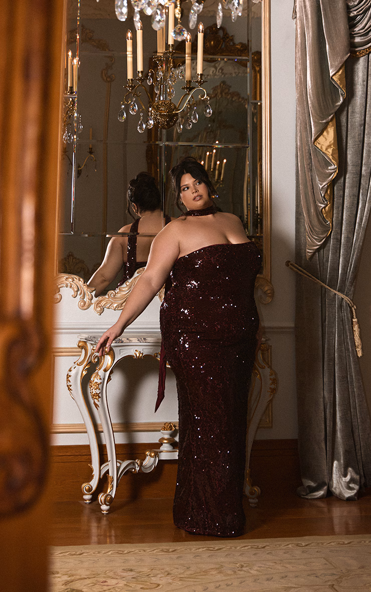 Plus Burgundy Sequin Scarf Detail Bandeau Maxi Dress