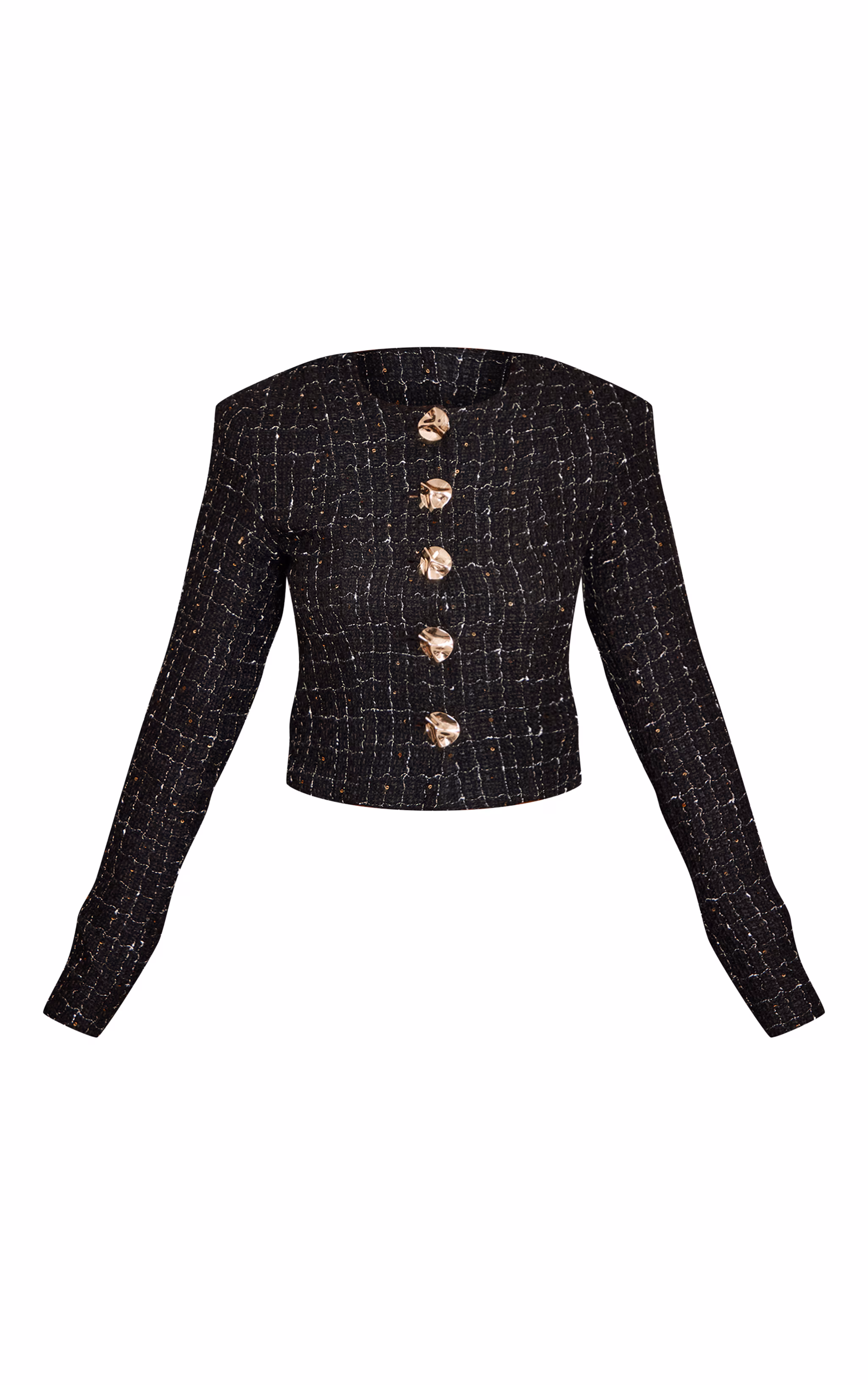 Petite Black Sequin Tweed Button Up Cropped Jacket