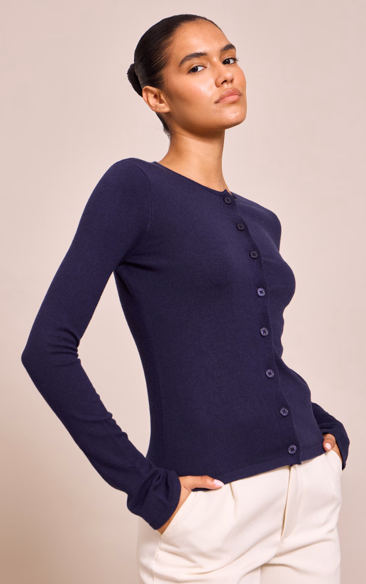 Navy Button Through Fine Knit Cardigan
