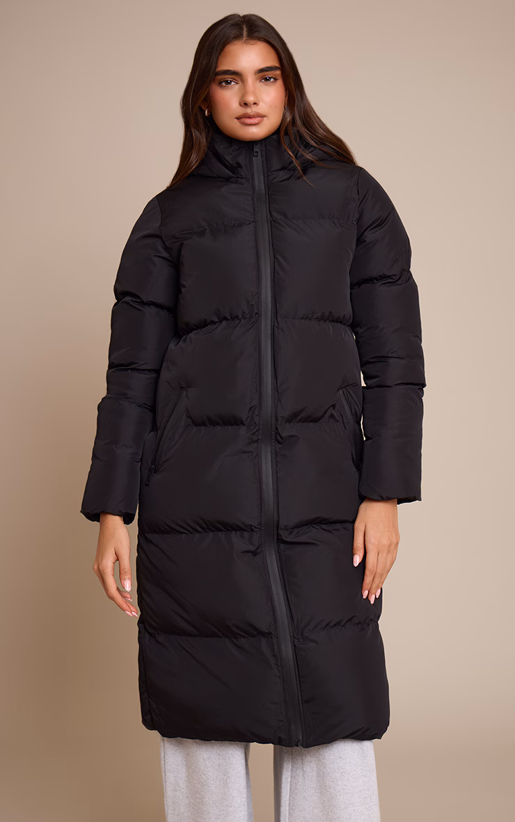 Black Longline Hooded Puffer Coat