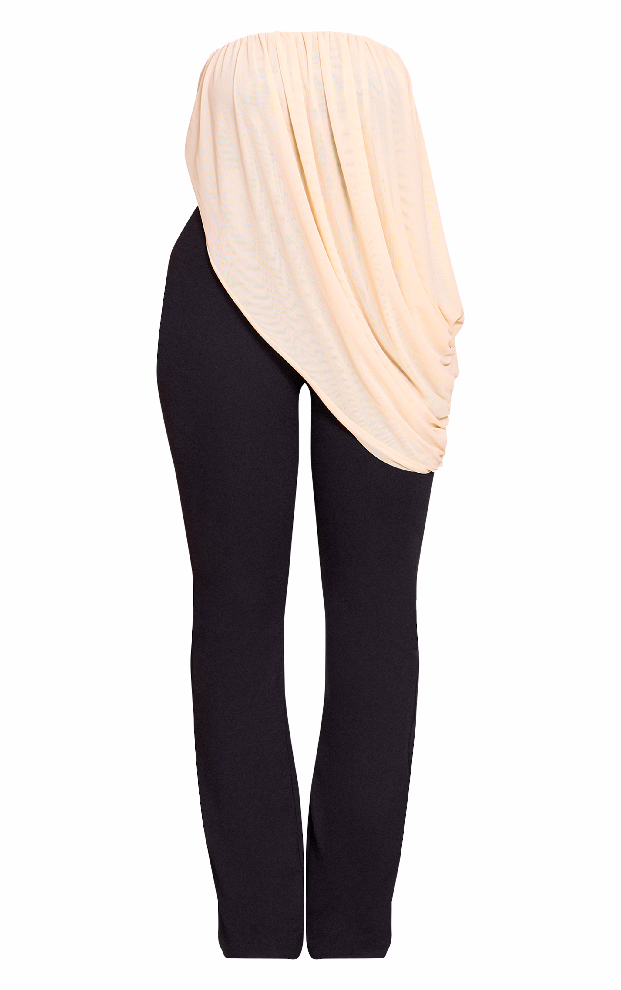 Shape Black Contrast Mesh Drape Overlay Flared Jumpsuit