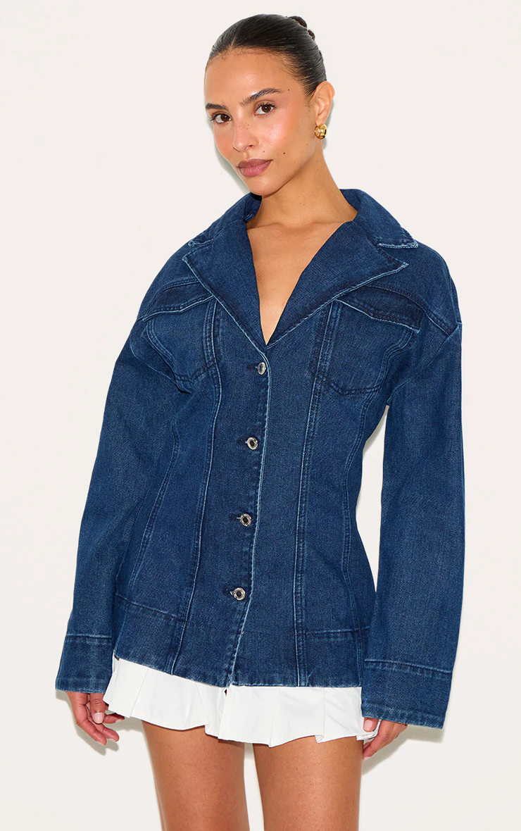 Petite Indigo Denim Fitted Mini Dress With Pleat Details