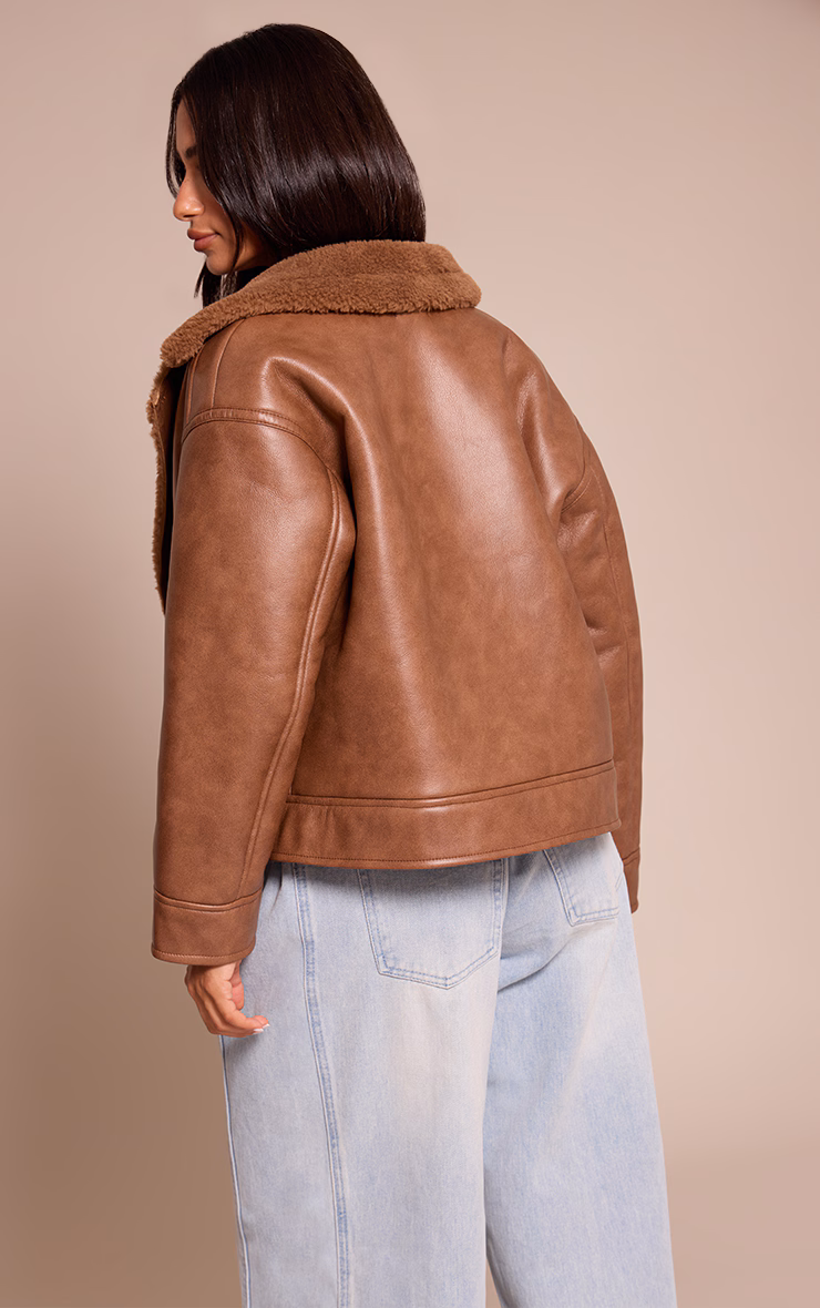 Petite Brown Borg Collar Faux Leather Aviator