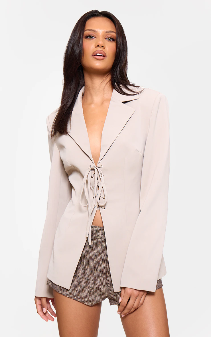 Mushroom Lace Up Tie Front Blazer