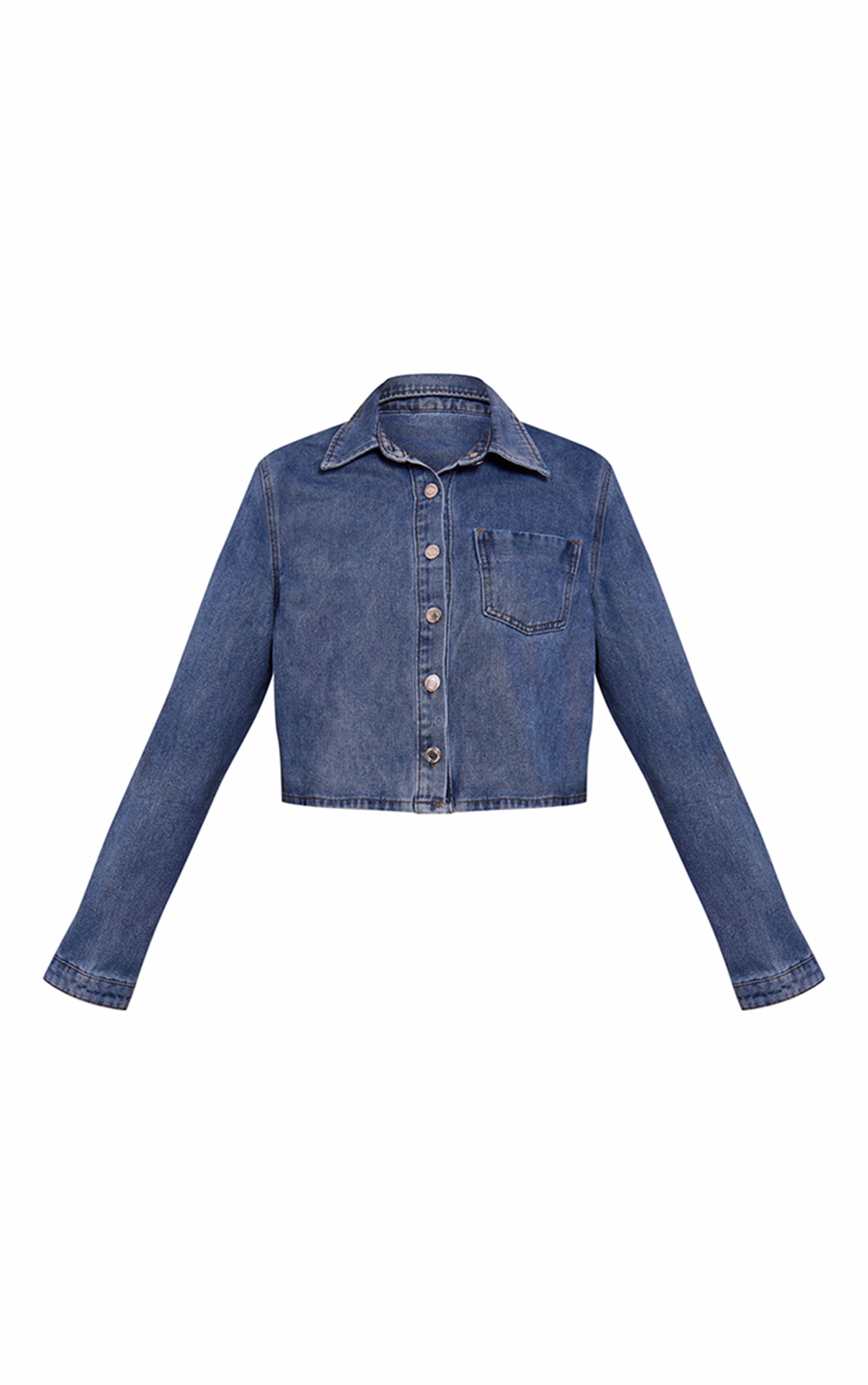 Mid Blue Wash Relaxed Long Sleeve Cropped Denim Shirt