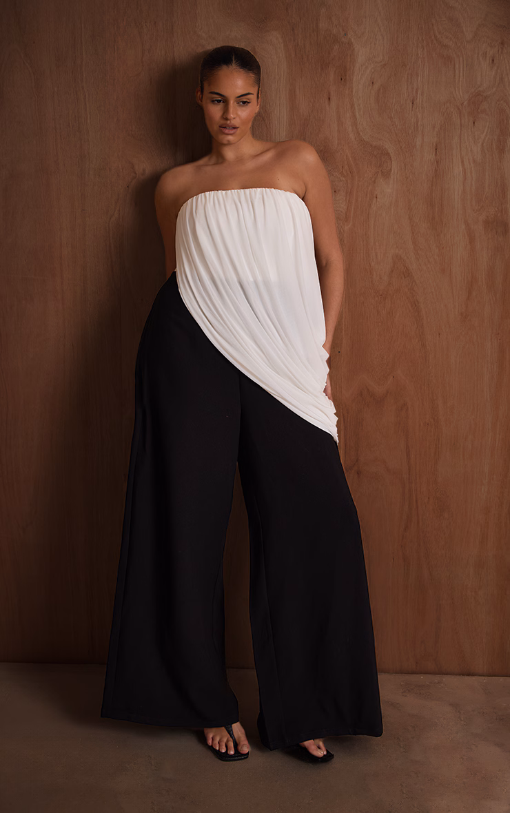 PLT Label Plus Monochrome Draped Mesh Jumpsuit