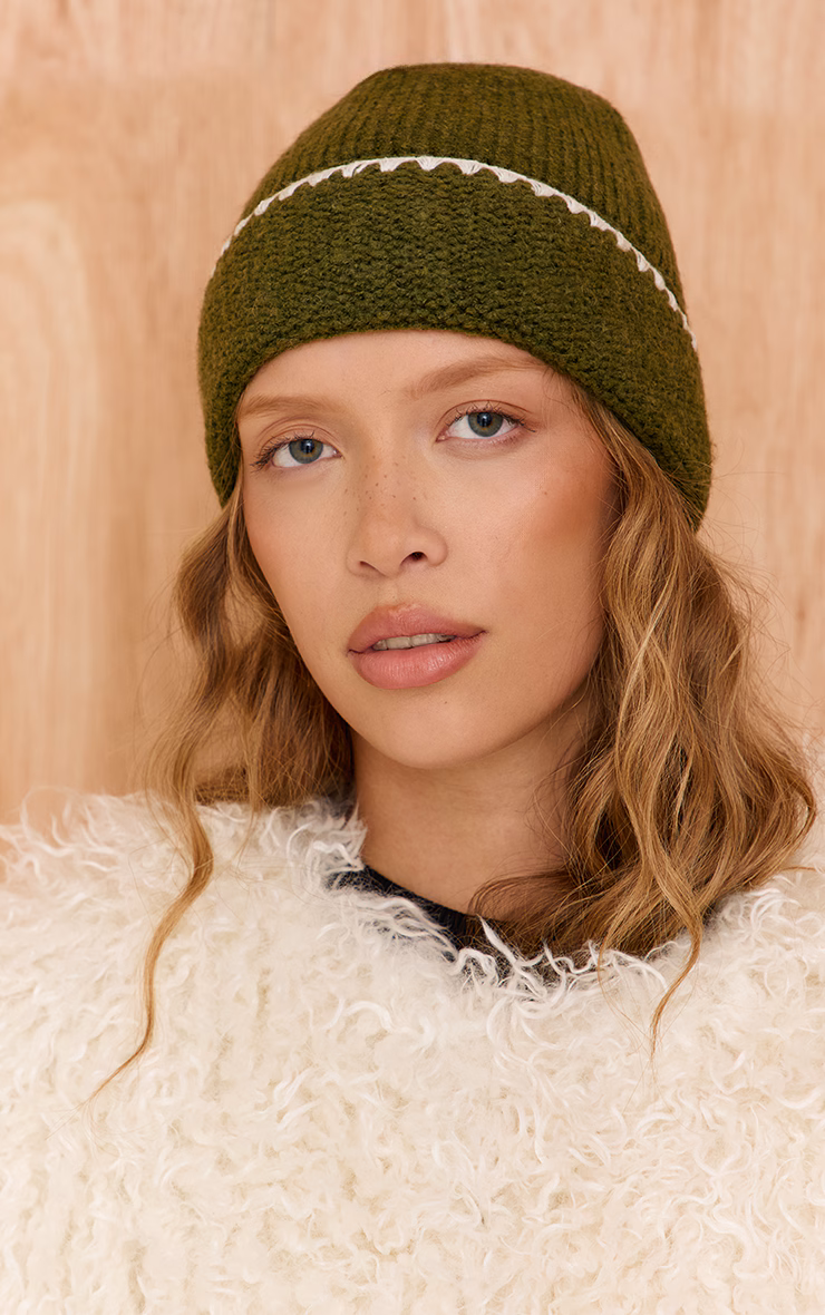 Olive Knit Contrast Beanie