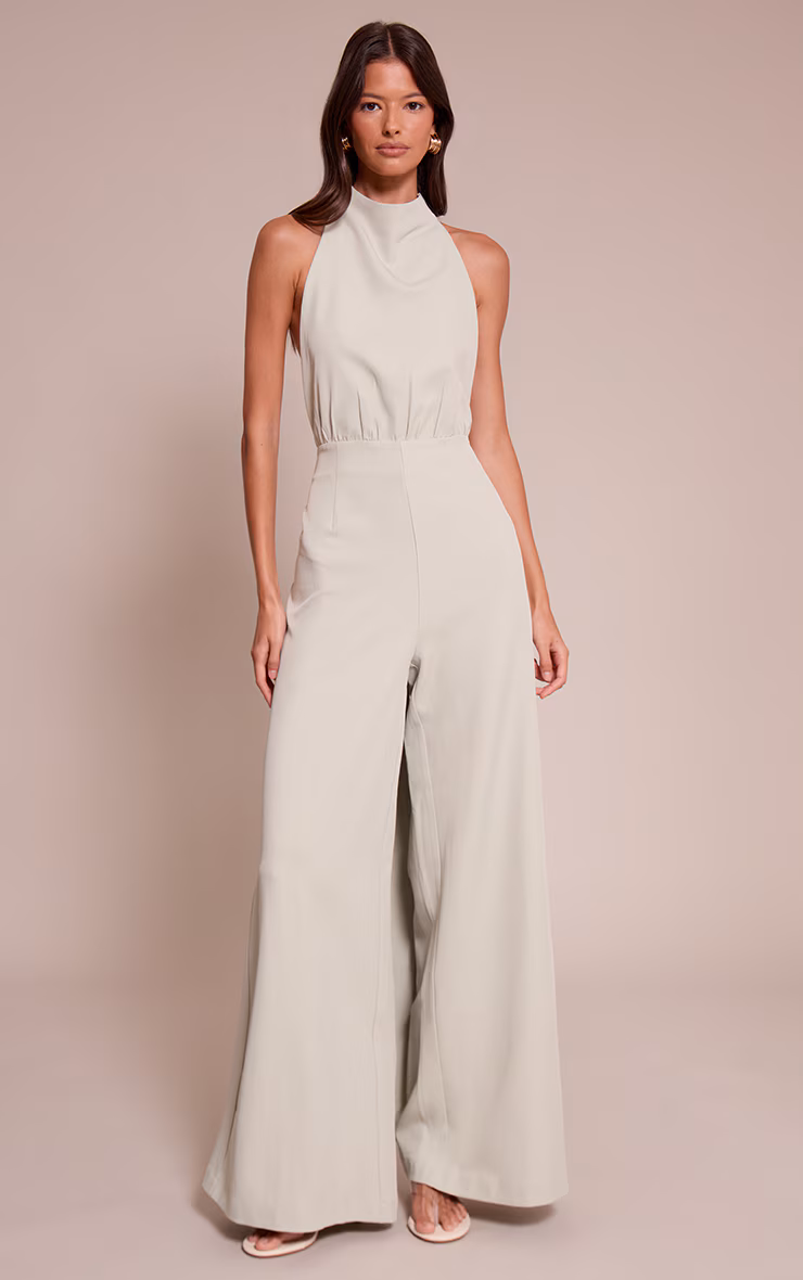 Mint Woven Halterneck Wrap Detail Wide Leg Jumpsuit