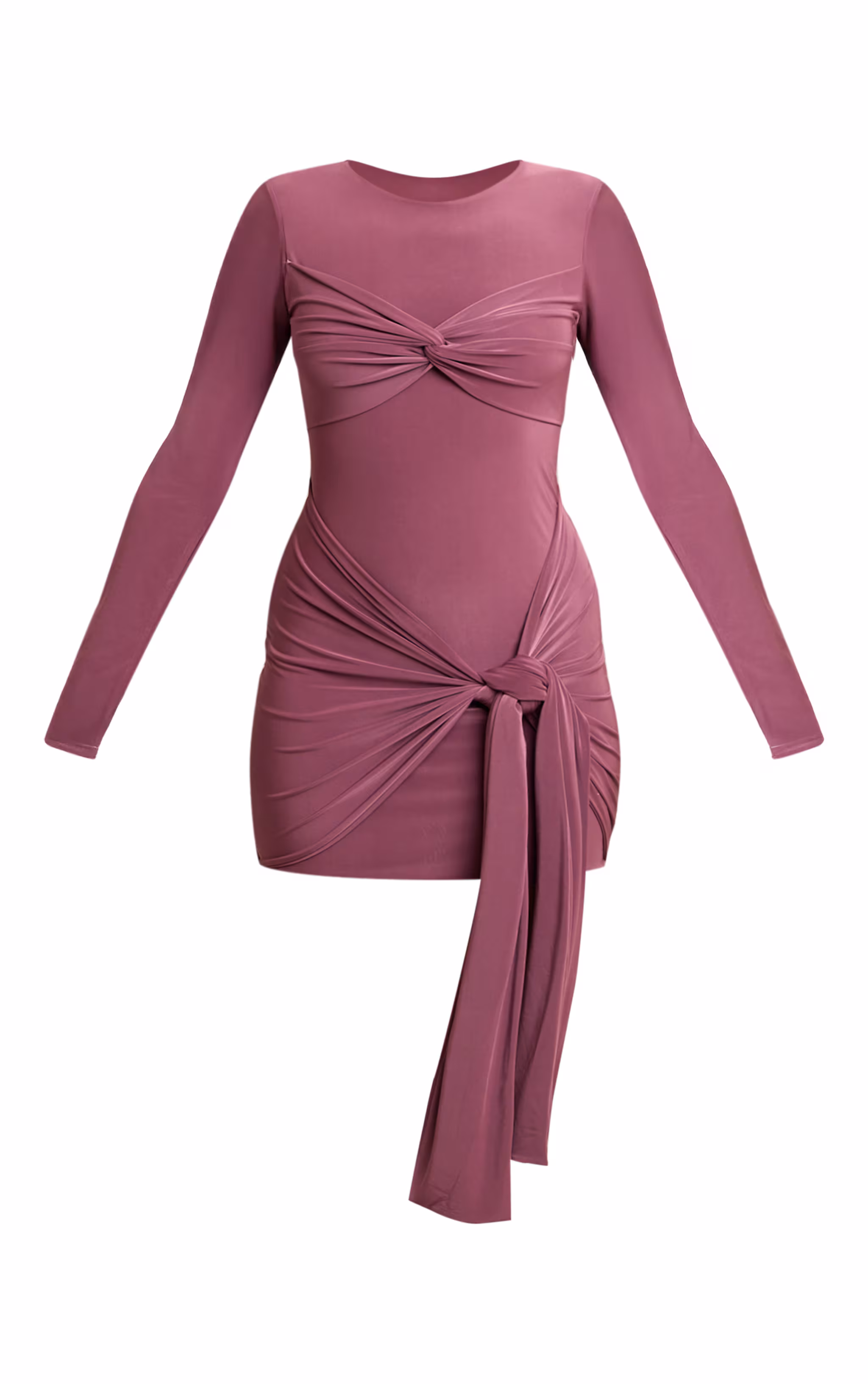 Mauve Slinky Long Sleeve Wrap Twist Detail Mini Dress