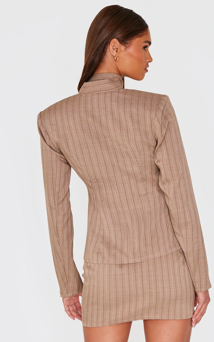 Mocha Pinstripe Neck Tie Fitted Blazer