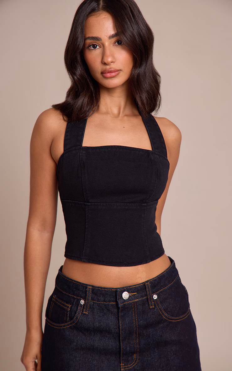 Petite Black Denim Halterneck Top