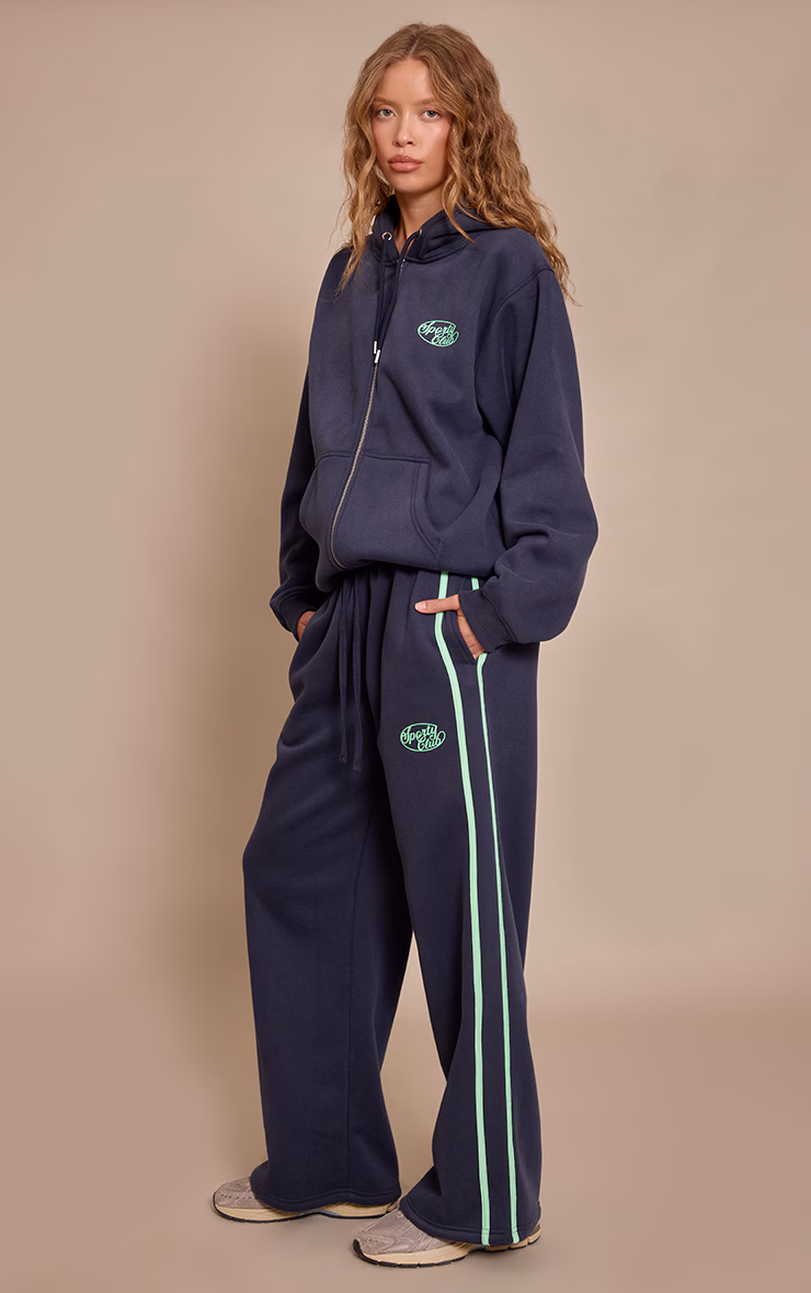 Navy Sports Club Print Wide Leg Sweatpants