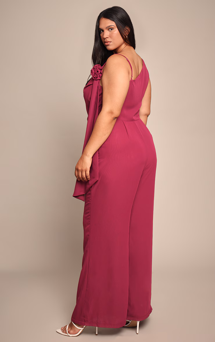 Plus Deep Plum Chiffon Corsage Detail Wide Leg Jumpsuit