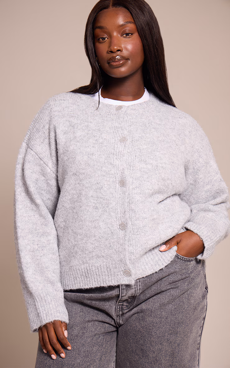 Plus Light Grey Brushed Oversized Detail Round Neck Cardigan